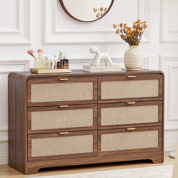 Wirrytor 6 Drawer Rattan Bedroom Dresser, Boho Double Chest of Drawers with Curved Edge, Wood Closet Storage Organizer, Walnut