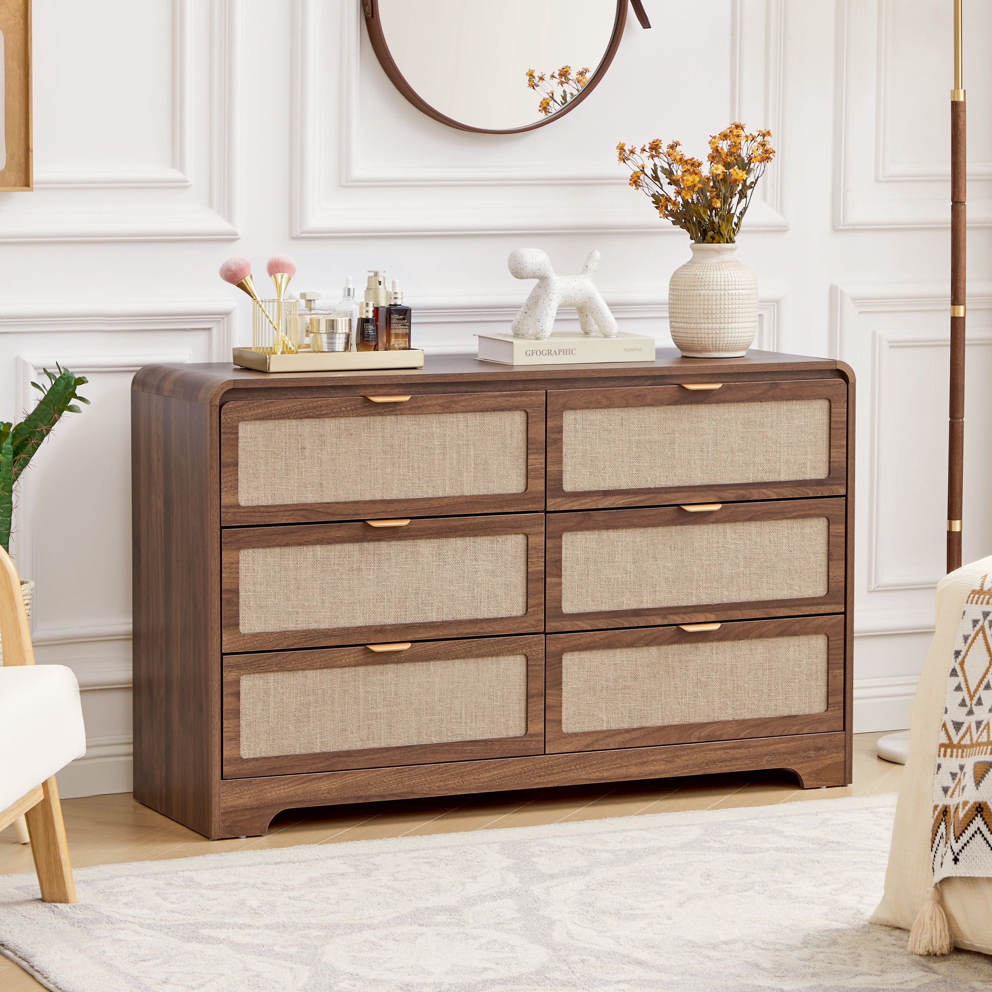 Wirrytor 6 Drawer Rattan Bedroom Dresser, Boho Double Chest of Drawers with Curved Edge, Wood Closet Storage Organizer, Walnut