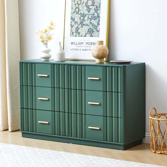 Wirrytor 6 Drawer Fluted Double Dresser for Bedroom, Modern Chest of Drawers with Curved Sides, Large Capacity Closet Storage Cabinet, Green