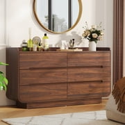 Wirrytor Mid-Century Modern 6 Drawer Bedroom Dresser, 53.93" Wood Chest of Drawers with Curved Edges, Extra Wide Double Dresser, Walnut