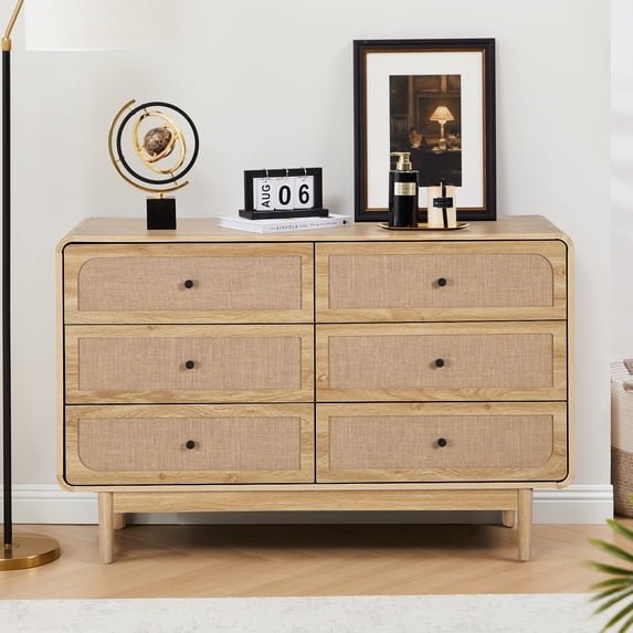 Wirrytor 6 Drawer Wood Dresser with Flax Panel, Modern Natural Dresser Chest with Solid Wood Legs & Anti-Tip Device, Spacious Storage Drawer Cabinet for Living Room, Bedroom, Home Office