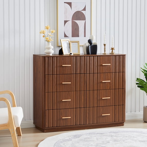 Wirrytor 8 Drawer Fluted Double Bedroom Dresser, Modern Chest of Drawers with Curved Sides, Large Capacity Closet Storage Cabinet, Walnut