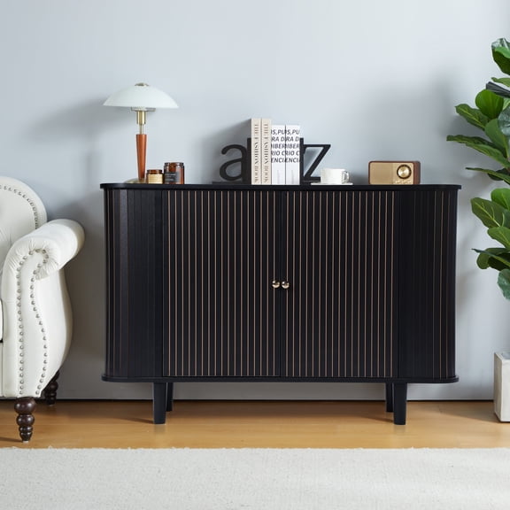Wirrytor Curved Edge Sideboard Cabinet with Adjustable Shelves, Space Saving Storage Cabinet for Living Room, Modern Black Credenza for Dining Room