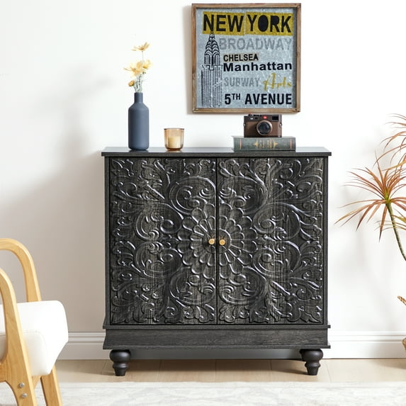 Wirrytor Antique Black Storage Cabinet, Art Accent Organizer Furniture with 2 Doors in Embossed Patterns, Vintage Small Decorative Sideboard for Home Office, Living Room