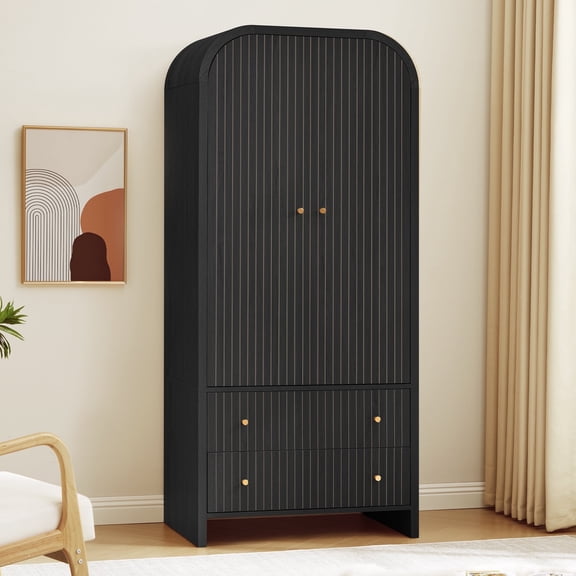 Wirrytor Arched Armoire Wardrobe Closet with Fluted Doors and Drawers, Large Capacity Wooden Storage Cabinet with Hanging Rod for Bedroom, Living Room, Or Office