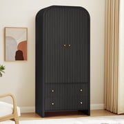 Wirrytor Arched Armoire Wardrobe Closet with Fluted Doors and Drawers, Large Capacity Wooden Storage Cabinet with Hanging Rod for Bedroom, Living Room, Or Office