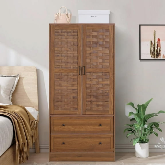 Wirrytor Armoire Wardrobe Closet with 2 Woven Doors, Wardrobe Cabinet with 2 Storage Drawers and Hanging Rail, Freestanding Wooden Closet for Bedroom (Walnut)