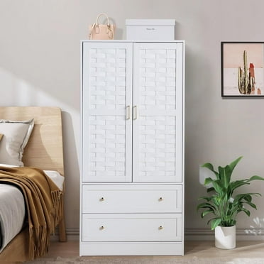 Wirrytor Armoire Wardrobe Closet with 2 Woven Doors, Wardrobe Cabinet with 2 Storage Drawers and Hanging Rail, Freestanding Wooden Closet for Bedroom(White)