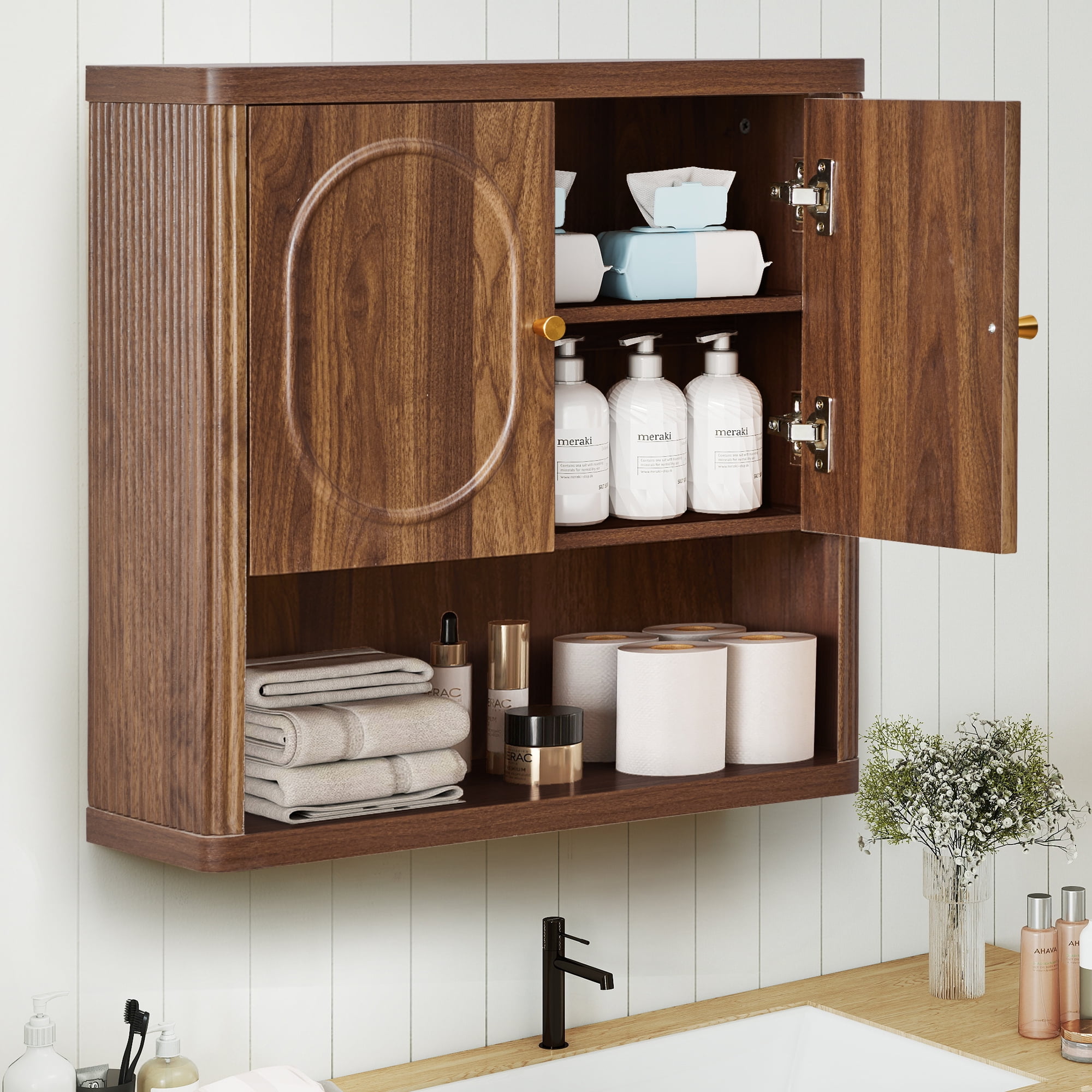 Wirrytor Bathroom Brown Medicine Cabinet, Vanity Wall Mounted Storage Cabinet with Adjustable Shelves, Hanging Wall Cabinet for Bathroom, Cupboard for Kitchen, Laundry, Living Room