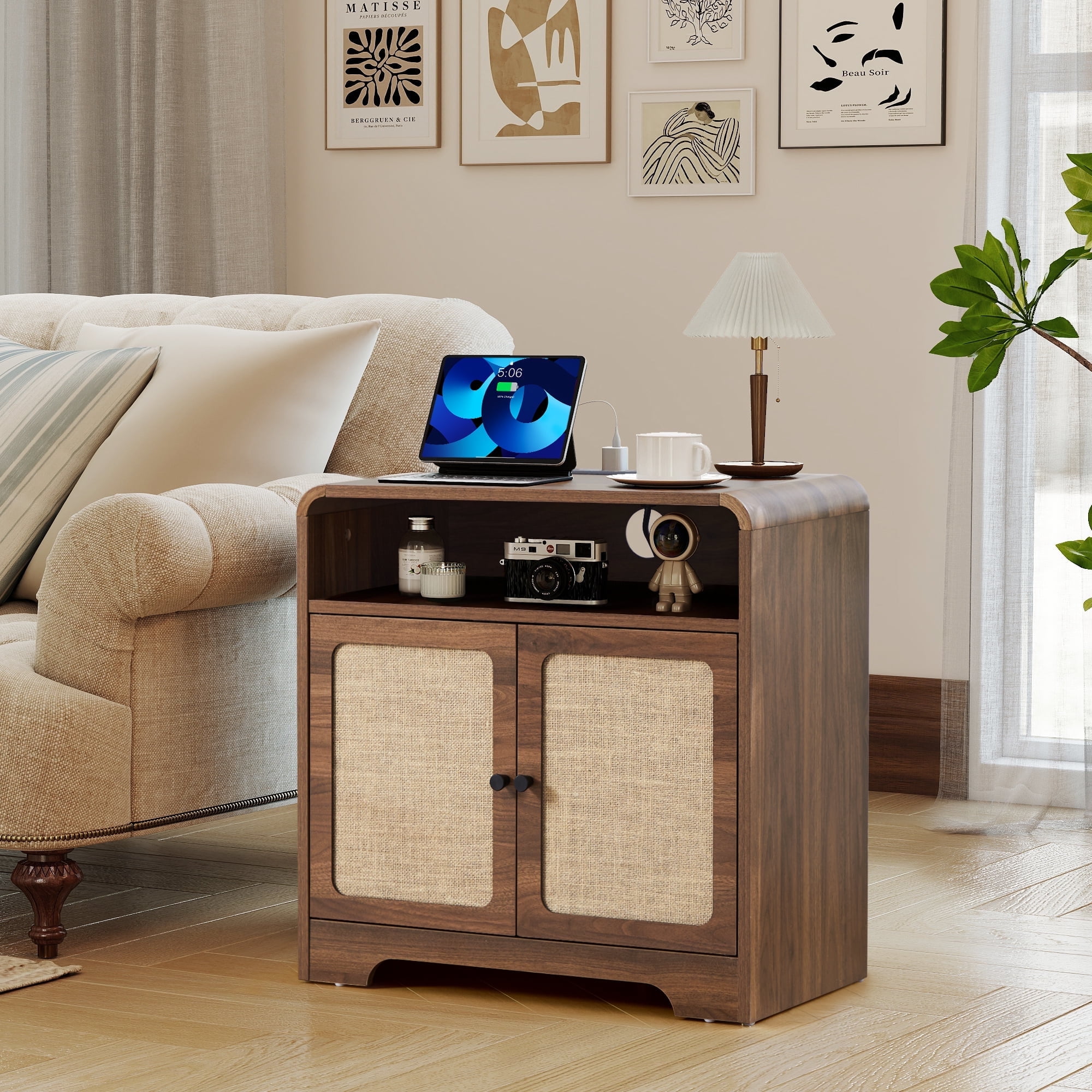 Wirrytor Farmhouse End Table with Charging Station and 2 Doors, Storage Shelf Nightstand for Living Room Bedroom, Modern Side Table with Rounded Corners and Black Metal Legs
