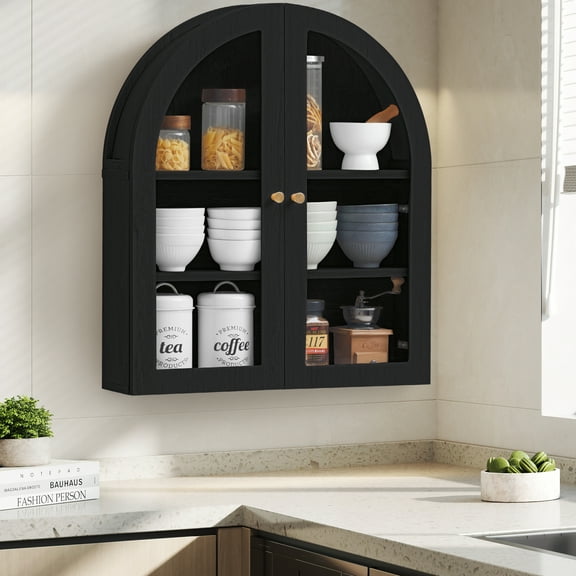 Wirrytor Black Arched Wall Cabinet with Glass Door, Hanging Bathroom Shelf, Medicine Wall Mounted Cupboard, Farmhouse Over the Toilet Cabinet