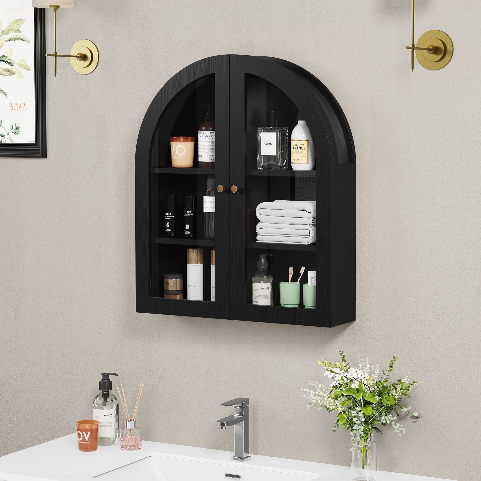 Wirrytor Black Arched Wall Cabinet with Glass Door, Hanging Bathroom Shelf, Medicine Wall Mounted Cupboard, Farmhouse Over the Toilet Cabinet