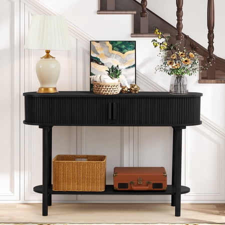 Wirrytor Black Console Table with Storage, Wood 2-Tier Modern Sofa Table for Living Room, Narrow Sofa Table with Sliding Door and Open Storage Shelf, Hallway Table and Couch Table Behind Sofa