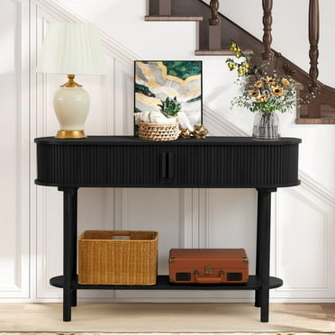 Wirrytor Black Console Table with Storage, Wood 2-Tier Modern Sofa Table for Living Room, Narrow Sofa Table with Sliding Door and Open Storage Shelf, Hallway Table and Couch Table Behind Sofa