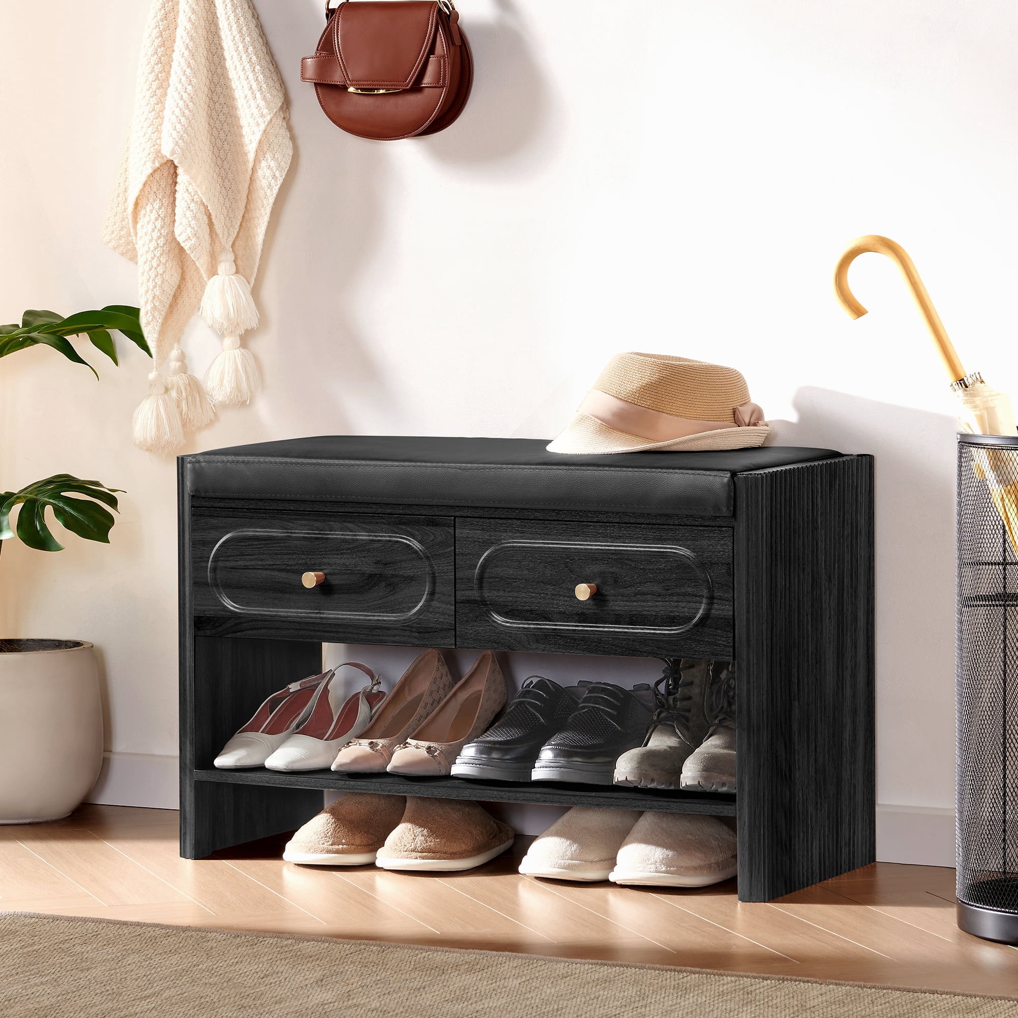 Wirrytor Curved Edge Shoe Storage Bench with 2 Drawers, 2-Tier Cushioned Entryway Bench Shoe Rack Organizer for Hallway Bedroom Living Room, Black