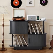 Wirrytor Black Oval Vinyl Record Storage Cabinet With Charging Station, 2-Tier Record Player Stand Holds 160 Albums, Includes 2 AC Outlets, 1 USB & 1 Type-C Port For Living Room