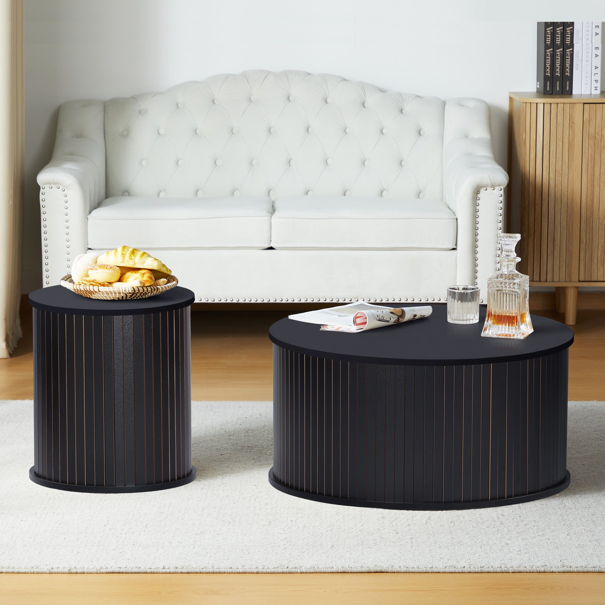 Wirrytor Black Round Coffee Table Set of 2 Nesting Coffee Table Modern for Living Room Circle Fluted Drum Coffee Table Side Tables for Apartment