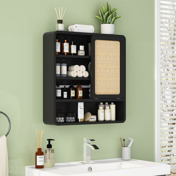 Wirrytor Black Wall Cabinet with Rattan Door and Open Shelves, Wall Mounted Storage Cabinet,Over The Toilet Storage Cabinet, Floating Hanging Cabinet Space Saver for Kitchen, Laundry Room