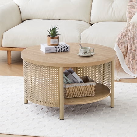 Wirrytor Rattan Round Coffee Table with 2-Tier Wood Storage, Circular Table, Round Storage Table, oak