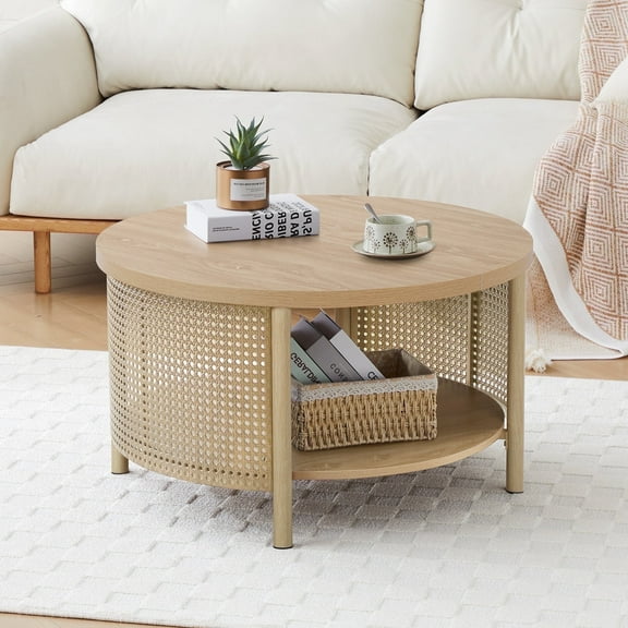 Wirrytor Rattan Round Coffee Table with 2-Tier Wood Storage, Circular Table, Round Storage Table, oak