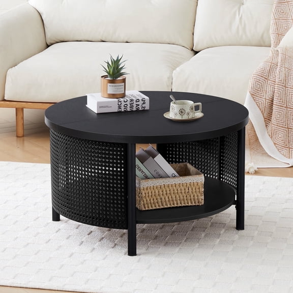 Wirrytor Rattan Round Coffee Table with 2-Tier Wood Storage, Circular Table, Round Storage Table,Black