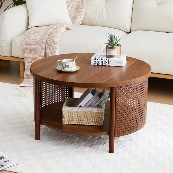 Wirrytor Rattan Round Coffee Table with 2-Tier Wood Storage, Circular Table, Round Storage Table,Brown