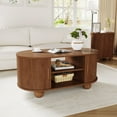 thumbnail image 1 of Wirrytor Coffee Table with Sliding Door, Mid Century Modern Wood Oval Center Table, 2-Tier Tea Cocktail Table with Sliding Door for Living Room, Rustic Brown, 1 of 9