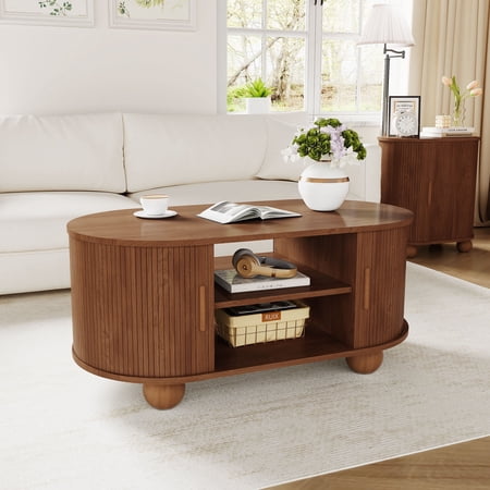 Wirrytor Coffee Table with Sliding Door, Mid Century Modern Wood Oval Center Table, 2-Tier Tea Cocktail Table with Sliding Door for Living Room, Rustic Brown