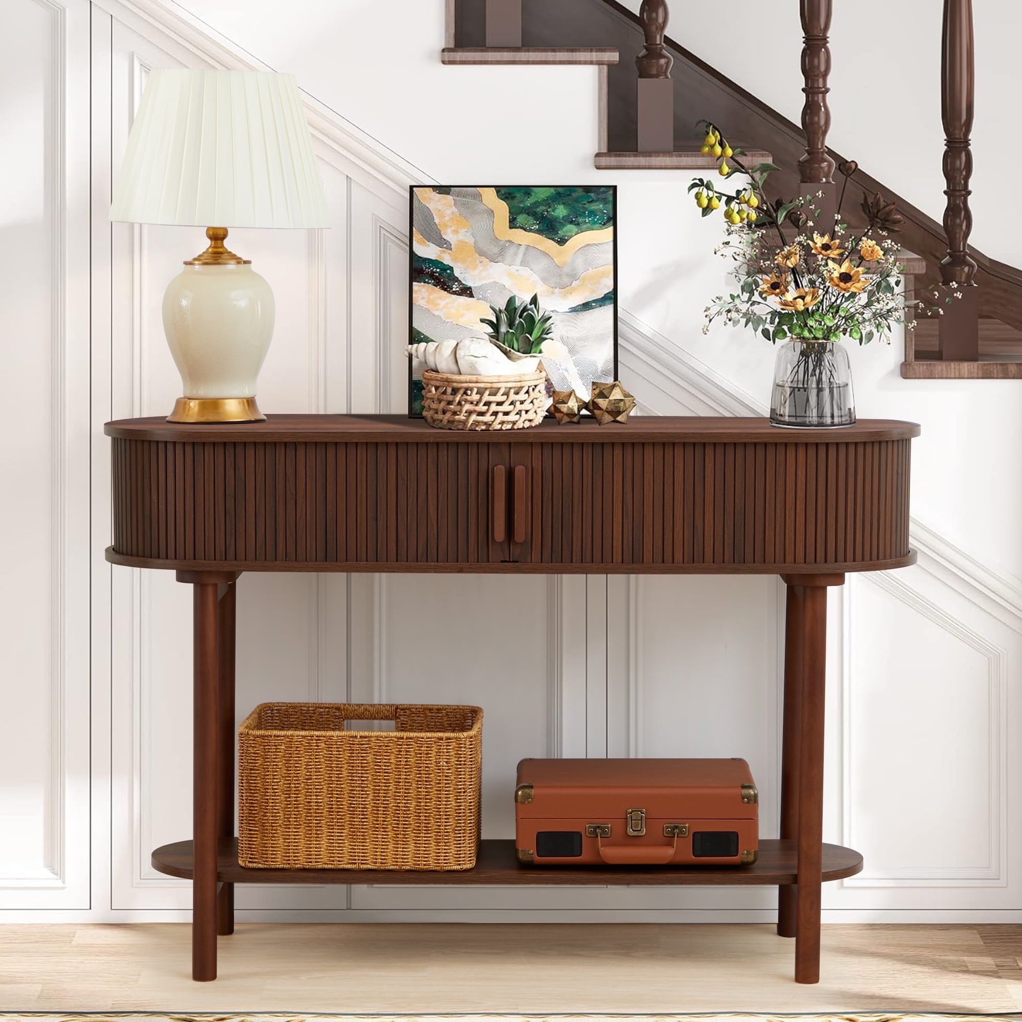 Wood Walnut Console Table with Door, 2-Tier Modern Sofa Table for Living Room, Narrow Sofa Table with Sliding Door and Open Storage Wirrytor Shelf, Hallway Table and Behind The Couch Table