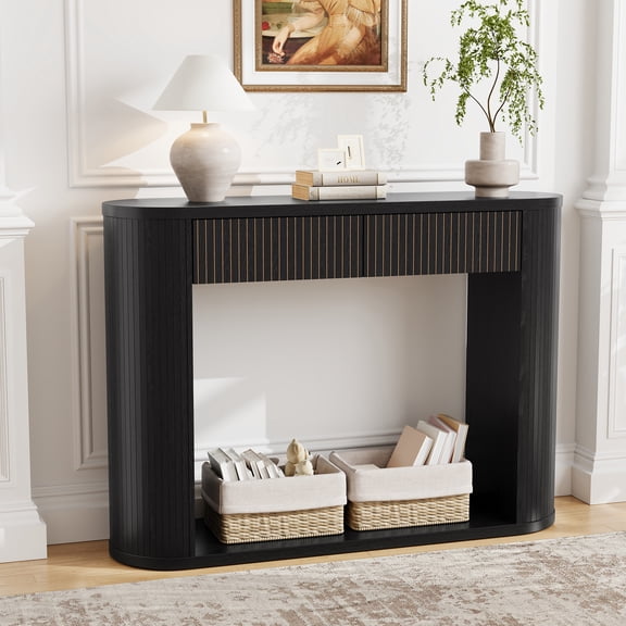 Wirrytor Mid-Century Modern Fluted Console Table with 2 Drawers, Narrow Entryway Table with Storage Shelf, Accent Sofa Table for Living Room, Black