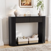 Wirrytor Mid-Century Modern Fluted Console Table with 2 Drawers, Narrow Entryway Table with Storage Shelf, Accent Sofa Table for Living Room, Black