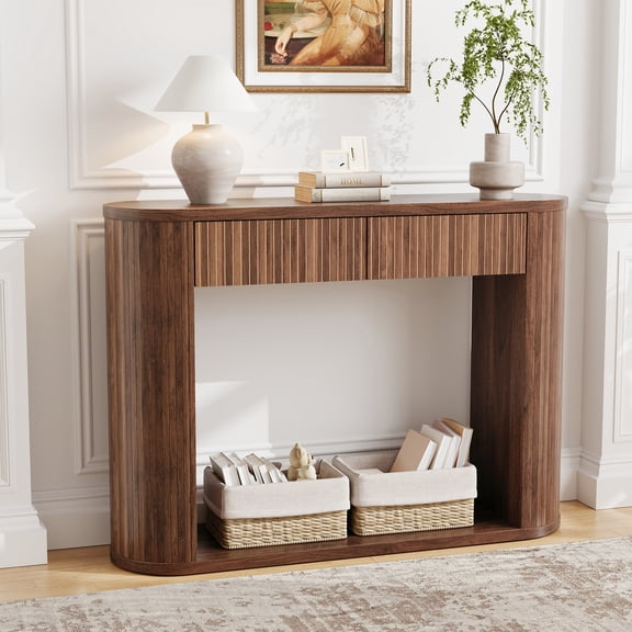 Wirrytor Mid-Century Modern Fluted Console Table with 2 Drawers, Narrow Entryway Table with Storage Shelf, Accent Sofa Table for Living Room, Walnut