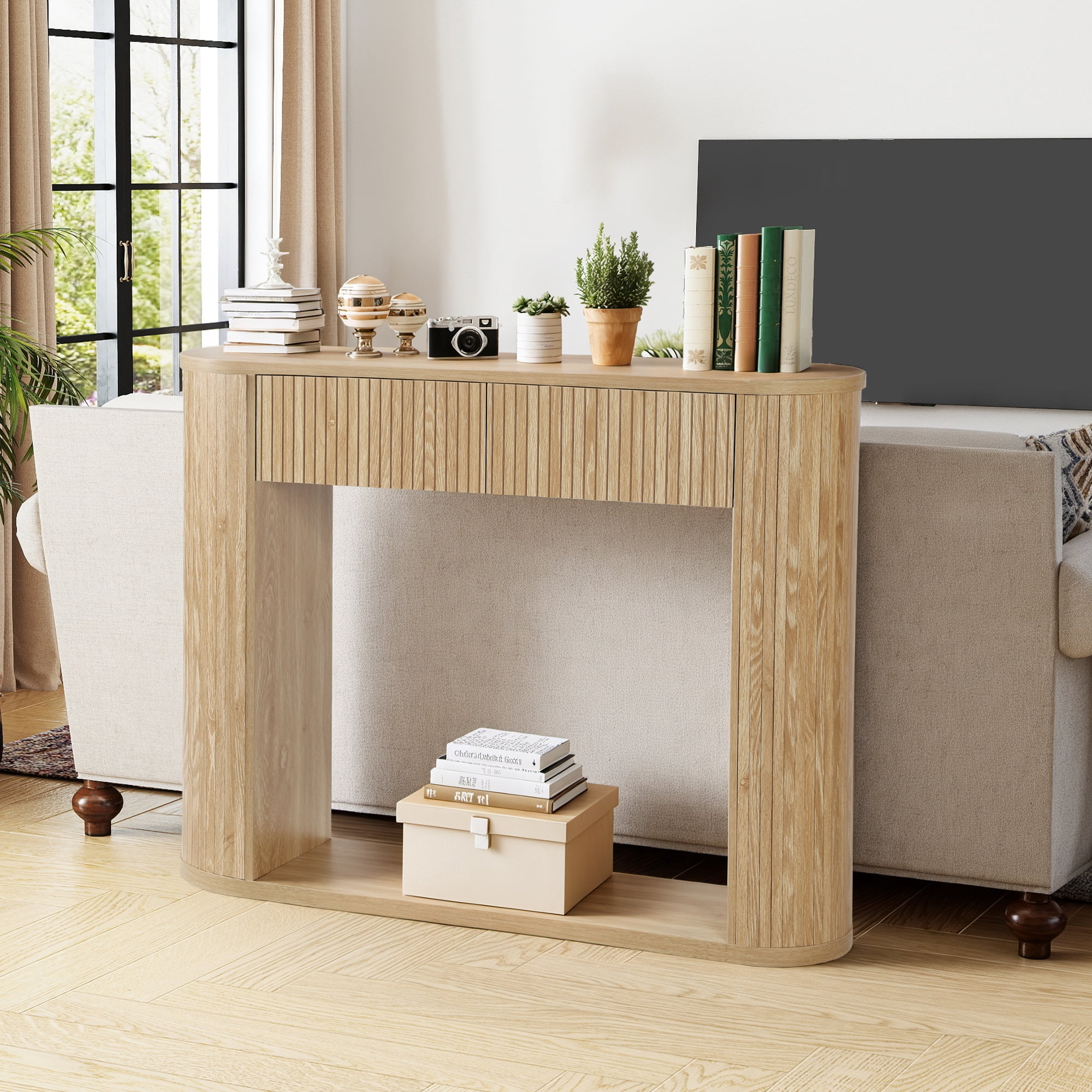 Wirrytor Mid-Century Modern Fluted Console Table with 2 Drawers, Narrow ...