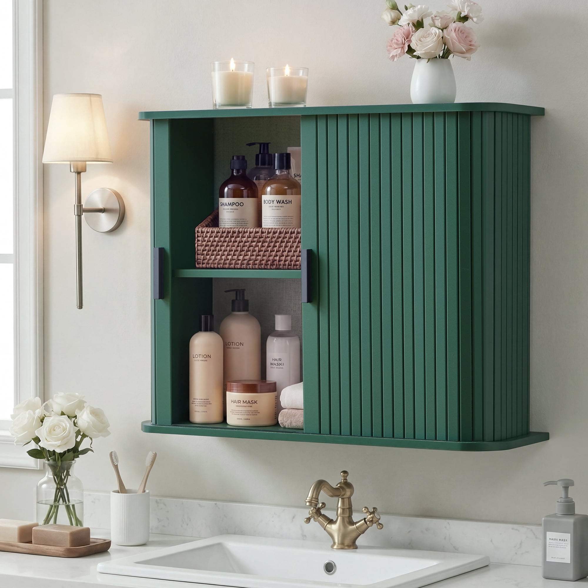 Wirrytor Dark Green Wall Mounted Cabinet With Fluted Sliding Doors, 2-Tier Bathroom Storage Organizer For Kitchen, Bedroom, Laundry Room & Entryway