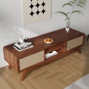WIRRYTOR Boho TV Stand for 65 inch TV with Linen Sliding Doors, 59 Entertainment Center with Curved Corners, Wood Media Console Table, Walnut