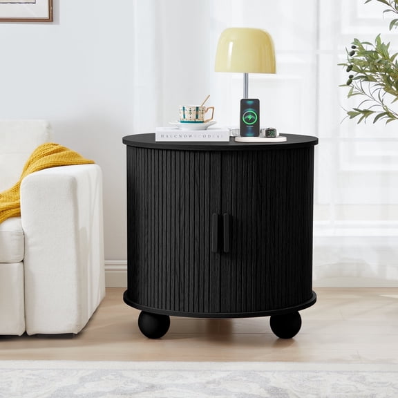 Wirrytor Side Table with Charging Station, The Table Behind the Sofa with Storage Space and Sliding Door, Bedside Table Accent Cabinet for Living Room, Bedroom, Entryway (Black)