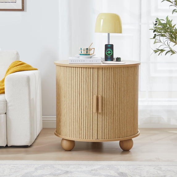 Wirrytor Side Table with Charging Station, The Table Behind the Sofa with Storage Space and Sliding Door, Bedside Table Accent Cabinet for Living Room, Bedroom, Entryway (Oak)