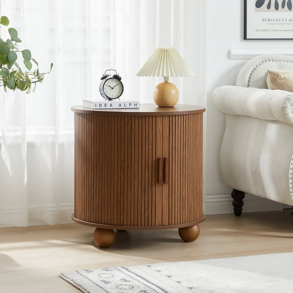Wirrytor Side Table with Charging Station, The Table Behind the Sofa with Storage Space and Sliding Door, Bedside Table Accent Cabinet for Living Room, Bedroom, Entryway (Walnut)