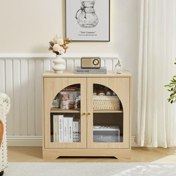 Wirrytor Farmhouse Floor Storage Cabinet with Arched Acrylic Door, Short Accent Sideboard Buffet Cabinet with Adjustable Shelf for Living Room, Kitchen(Natural)