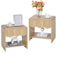 thumbnail image 1 of Wirrytor Farmhouse Natural Oak Fluted Nightstands Set of 2, Mid-Century Chic End Table with Drawer and Open Shelf Storage, Curved Edge Bedside Table for Bedroom Living Room, 1 of 8