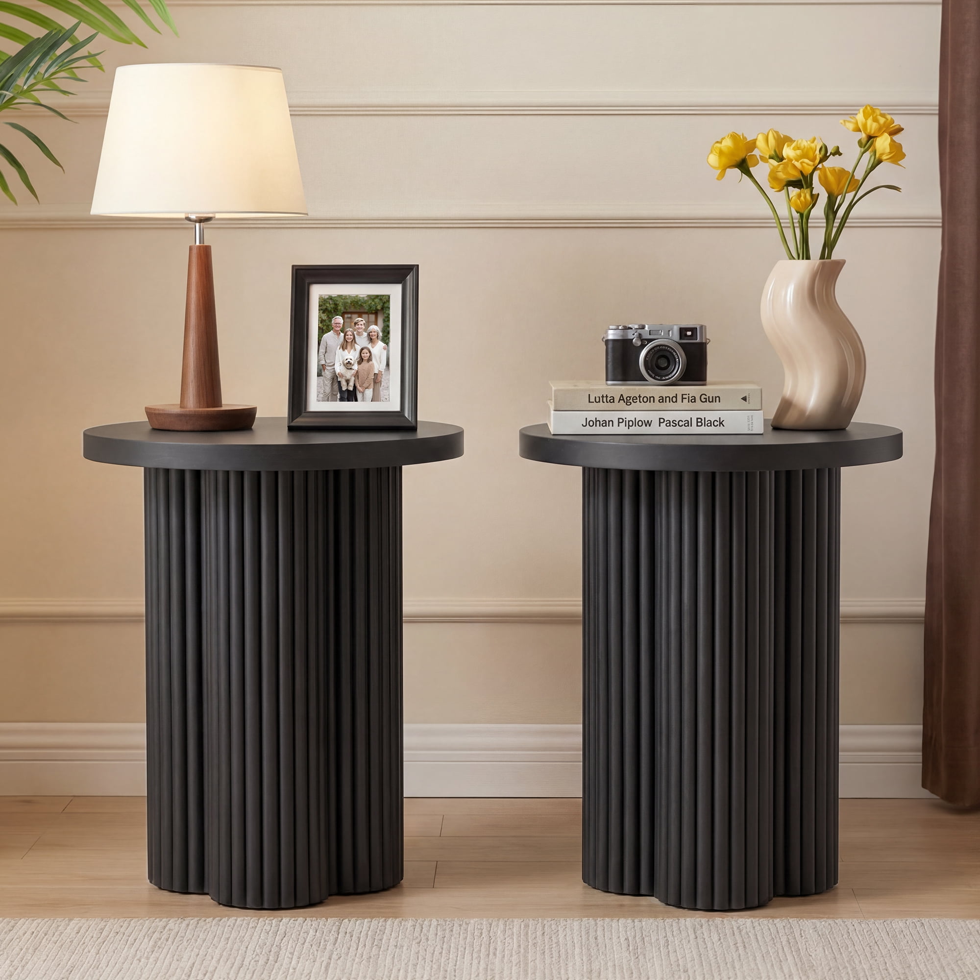 Wirrytor Farmhouse Round End Table Set of 2, Wooden Fluted Couch Side Table with Octagonal Base for Living Room, Small Bedside Table Accent Cabinet, Bedroom, Black
