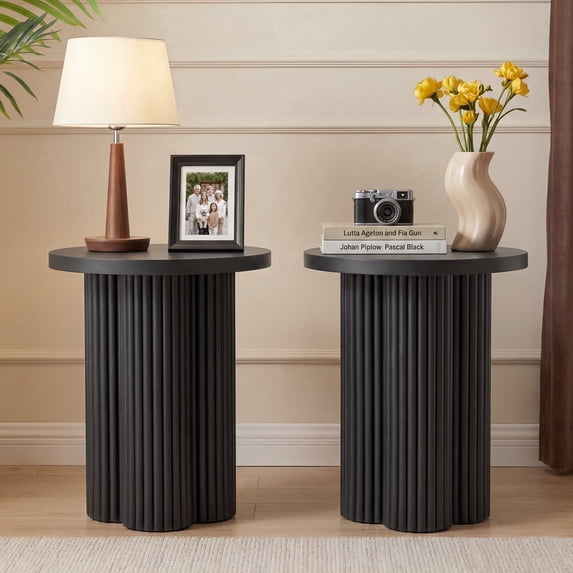 Wirrytor Farmhouse Round End Table Set of 2, Wooden Fluted Couch Side Table with Octagonal Base for Living Room, Small Bedside Table Accent Cabinet, Bedroom, Black