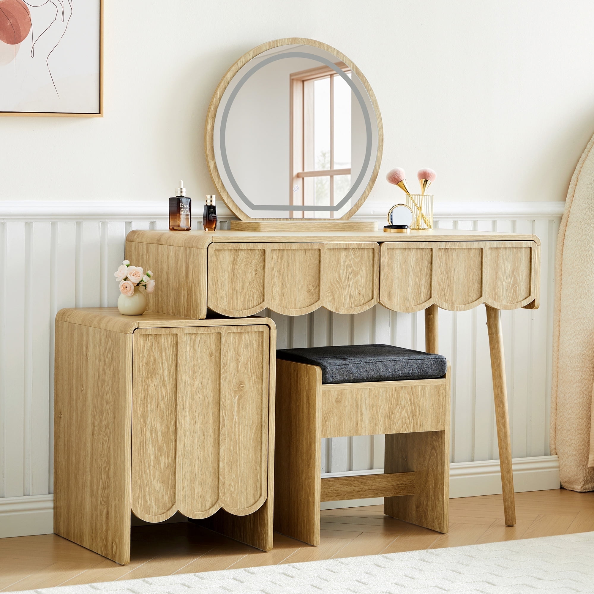 Wirrytor Farmhouse Vanity Desks with Light Mirrors, Makeup Vanity with 2 Drawers and 1 Storage Cabinet, Vanity Set for Bedroom, Wave Panel ,Walnut
