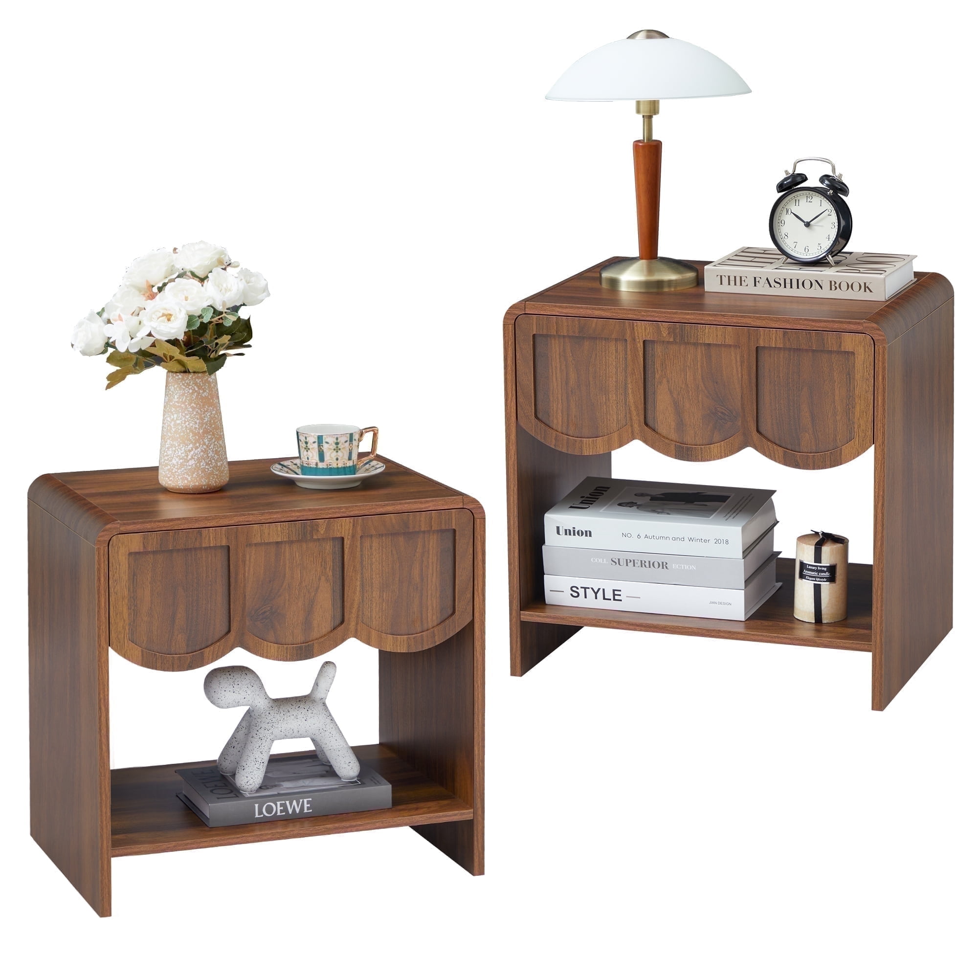 Wirrytor Farmhouse Walnut Fluted Nightstands Set of 2, Mid-Century Chic End Table with Drawer and Open Shelf Storage, Curved Edge Bedside Table for Bedroom Living Room