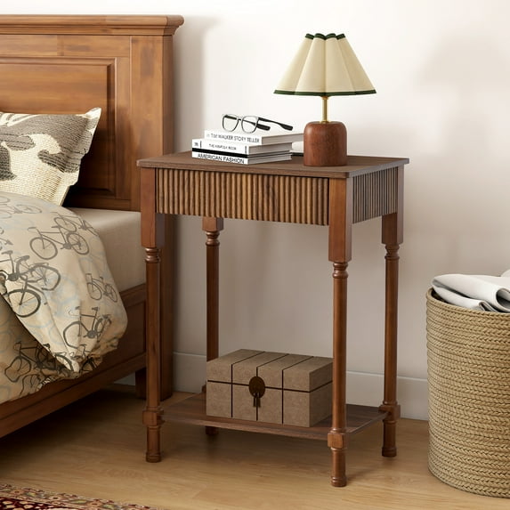 Wirrytor Fluted Nightstand with with Charging Station for Bedroom, Retro Narrow Side Table with Drawer and Open Storage Shelf, End Table w/Solid Wood Legs for Living Room,Walnut
