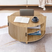 Wirrytor Fluted Round Coffee Table with Flip Top and Hidden Storage Compartments, Mid Century Modern Center Table with Sliding Door for Living Room, Oak Finish