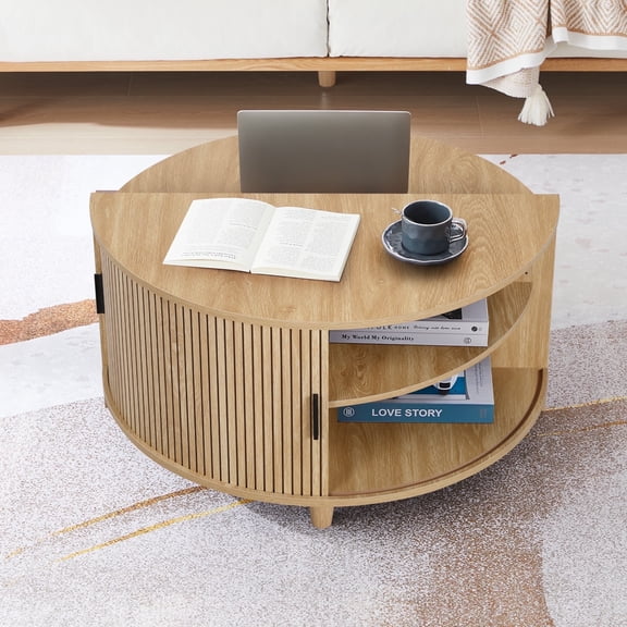 Wirrytor Fluted Round Coffee Table with Flip Top and Hidden Compartments Storage, Mid Century Modern Round Center Table with Storage and Sliding Door, for Living Room,Oak