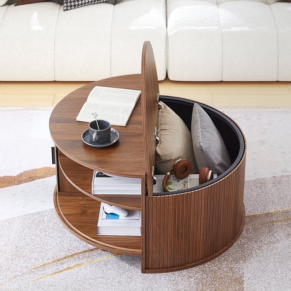 Wirrytor Fluted Round Coffee Table with Flip Top and Hidden Compartments Storage, Mid Century Modern Round Center Table with Storage and Sliding Door, for Living Room, Walnut