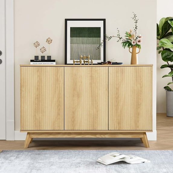 Wirrytor Fluted Sideboard Buffet Cabinet with 3 Doors, Wood Accent Storage Cabinet, Small Credenza Cabinet for Kitchen Dining Living Room Entryway (Natural)