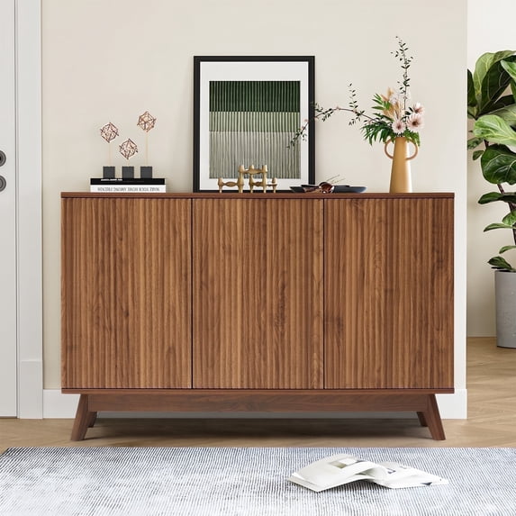 Wirrytor Fluted Sideboard Buffet Cabinet with 3 Doors, Wood Accent Storage Cabinet, Small Credenza Cabinet for Kitchen Dining Living Room Entryway (Walnut)